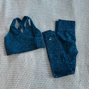 Gymshark Teal Leopard Sports Bra and Leggings Set